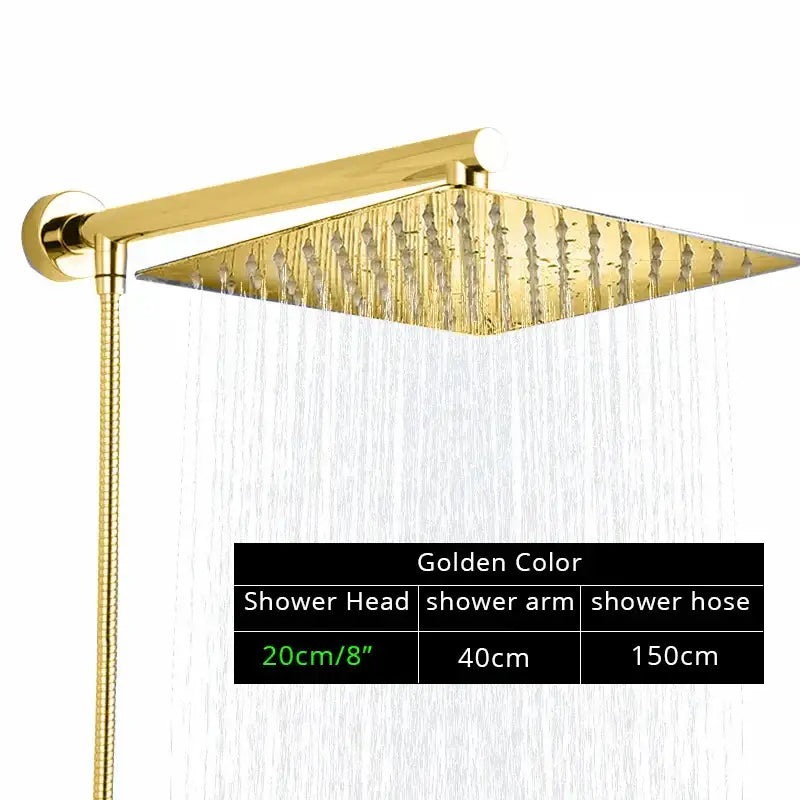 Golden square rainfall shower head with matching arm and hose featuring a sleek modern design for bathroom use