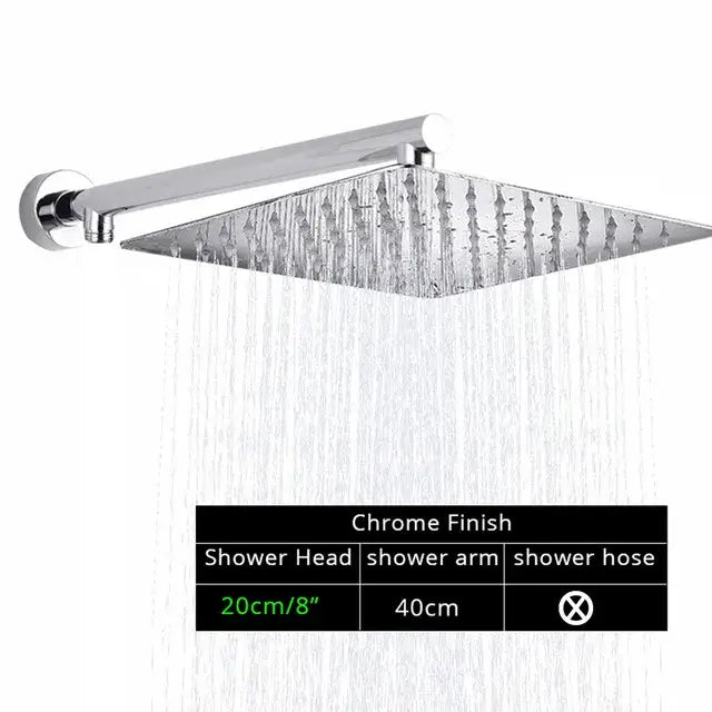 Modern black ultrathin rainfall shower head with chrome finish and integrated rain-style water flow for bathroom use