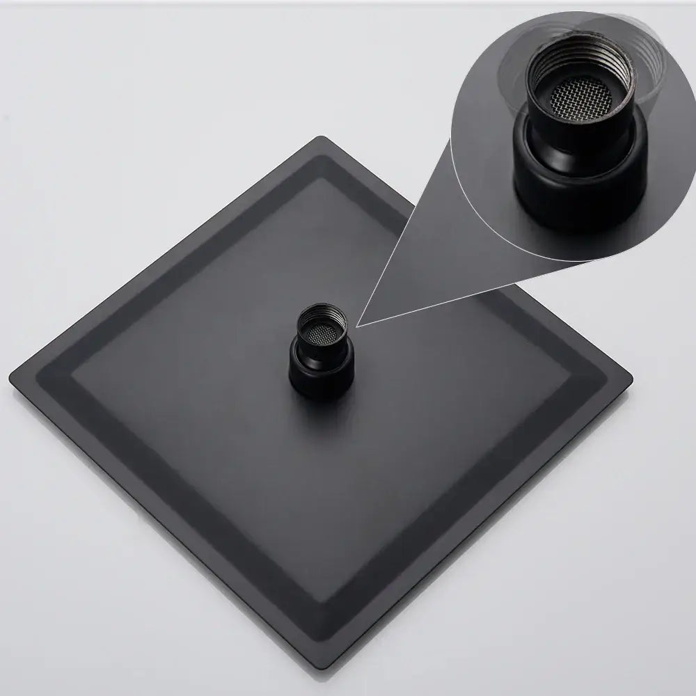 Modern black ultrathin rainfall shower head square base with matte finish threaded connection and mesh filter
