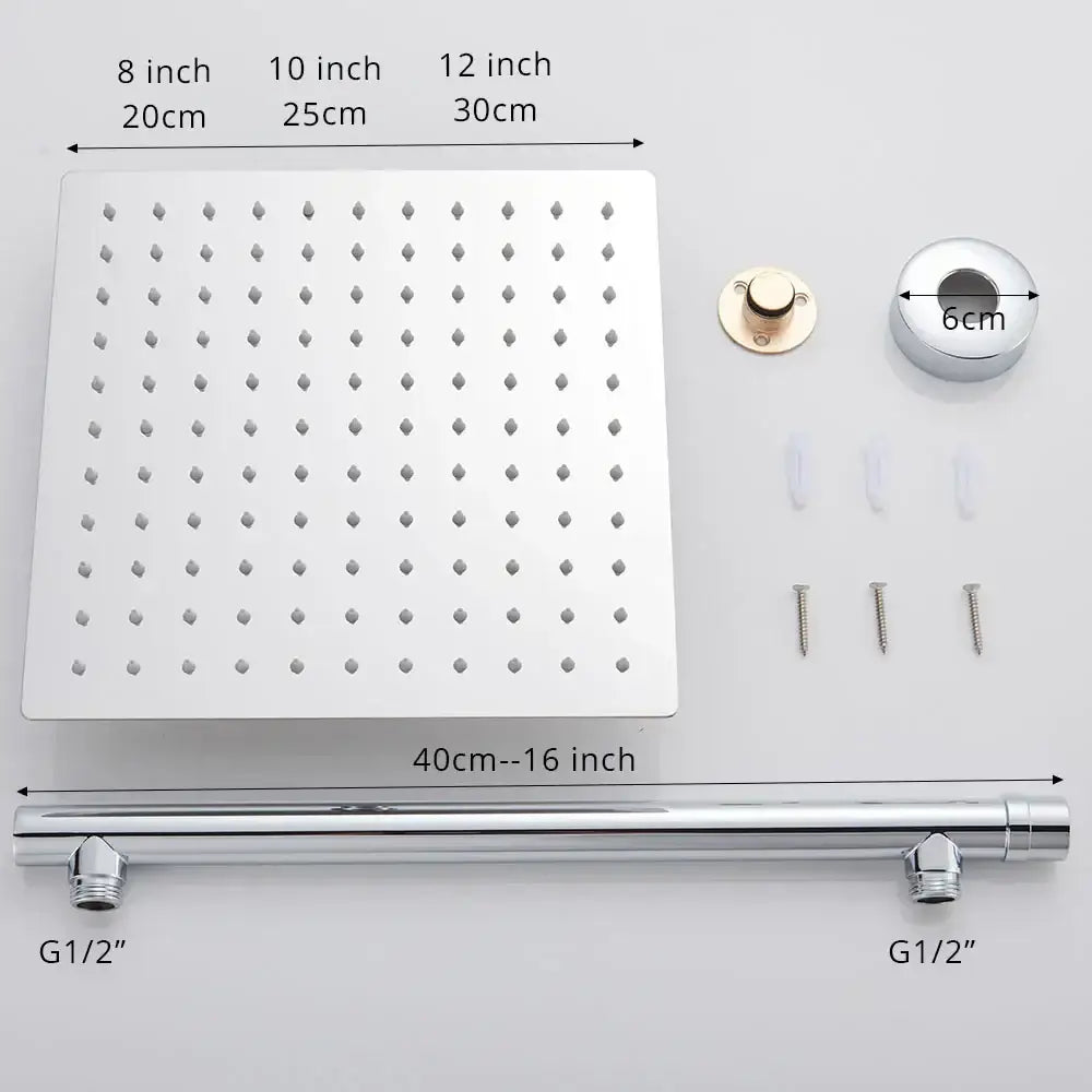 Modern black ultrathin rainfall shower head set featuring a silver square shower head with multiple spray nozzles and chrome bar