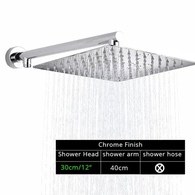 Chrome-finished square rainfall shower head with sleek modern design and multiple water jets for bathroom use
