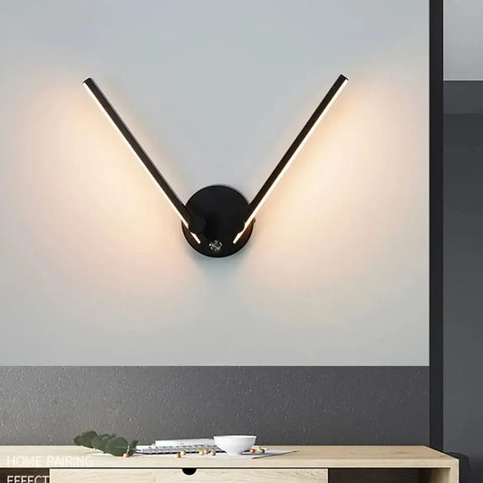 Modern black v-shaped double arm adjustable wall light with sleek illuminated led strips for bedroom decorbites wall light