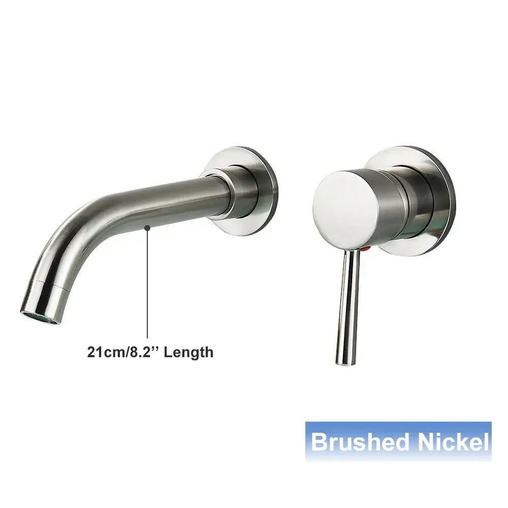 Brushed nickel basin faucet with sleek curved spout and cylindrical handle for decorbites black wall mounted use