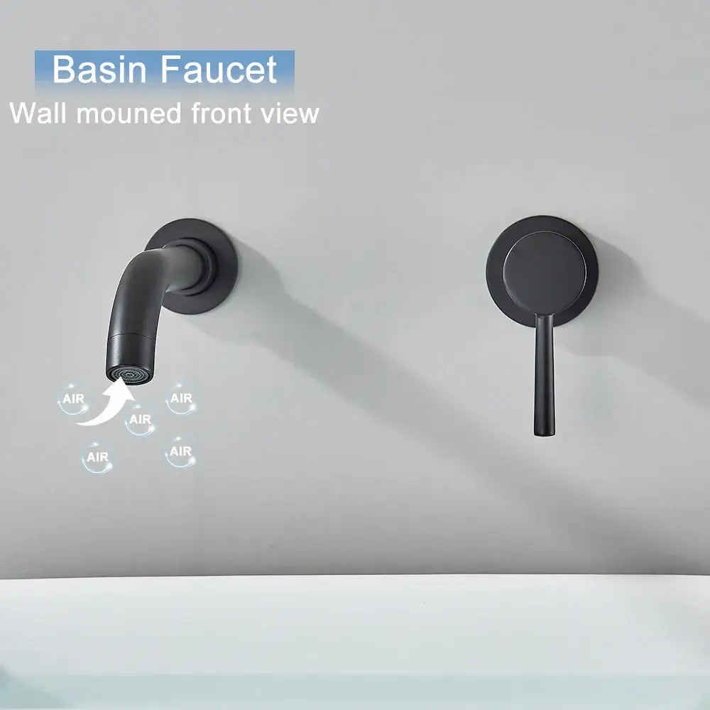 Modern black wall mounted basin faucet with matte finish and integrated air injection for efficient bathroom use decorbites black wall