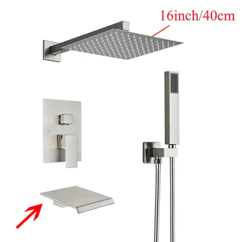 Modern black wall mounted shower system with 16-inch brushed nickel showerhead and even water distribution nozzles