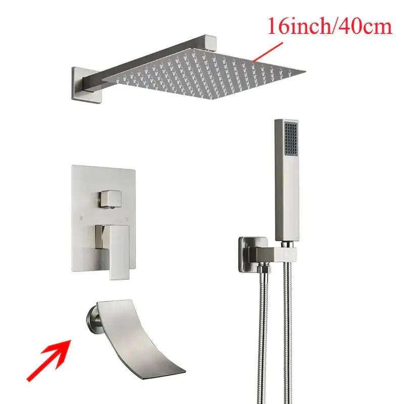 Modern black wall mounted shower system with 16-inch square rain shower head in brushed stainless steel finish
