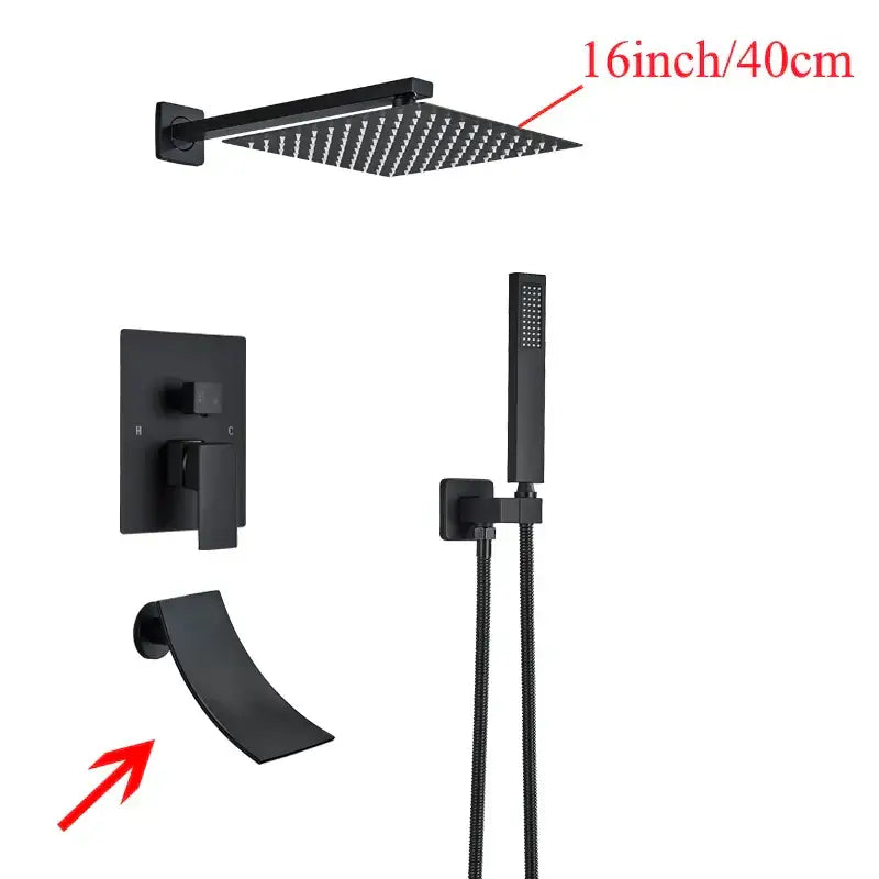 Modern black wall mounted shower system with 16-inch square rainhead handheld shower and curved spout decorbites black wall mounted