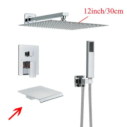 Chrome finished 12 inch square rainfall showerhead with fine spray nozzles in decorbites black wall mounted shower system
