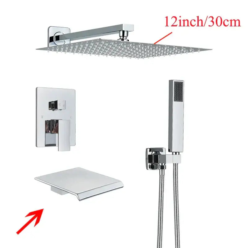 Chrome finished 12 inch square rainfall showerhead with fine spray nozzles in decorbites black wall mounted shower system