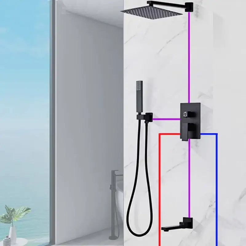 Modern black wall mounted shower system with black matte rainfall shower head and integrated handheld spray nozzle