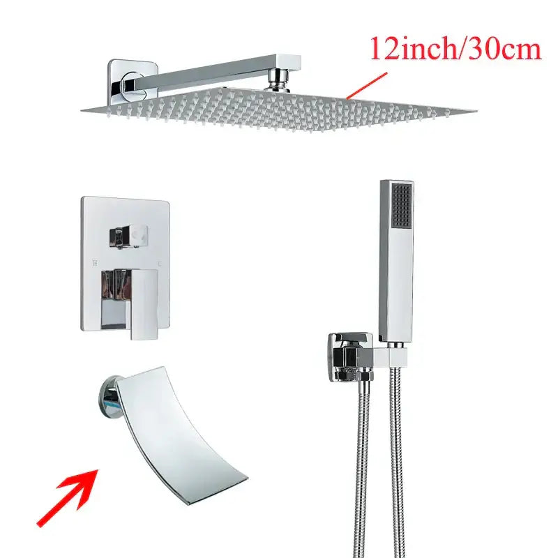 Chrome finished 12 inch square rainfall showerhead with fine spray nozzles for decorbites black wall mounted shower system