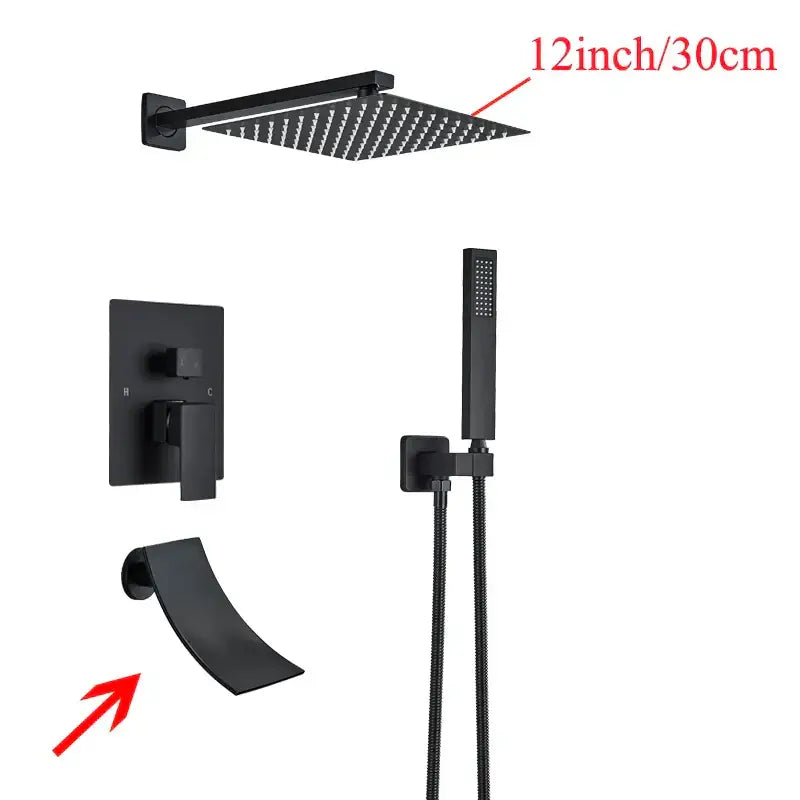 Modern black wall mounted shower system with 12-inch rainhead, handheld shower, and curved spout by decorbites black wall