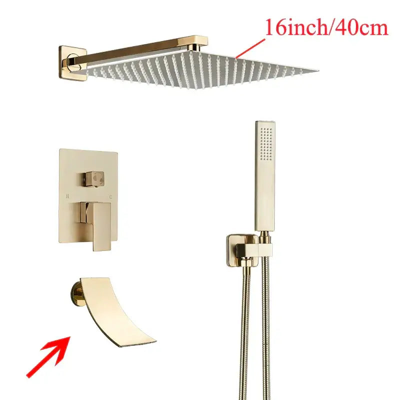 Gold-finished square rain shower head 16-inch with sleek modern design for decorbites black wall mounted shower system