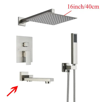 Modern black wall mounted shower system featuring a 16-inch brushed nickel rainfall showerhead with grid pattern decorbites black wall mounted