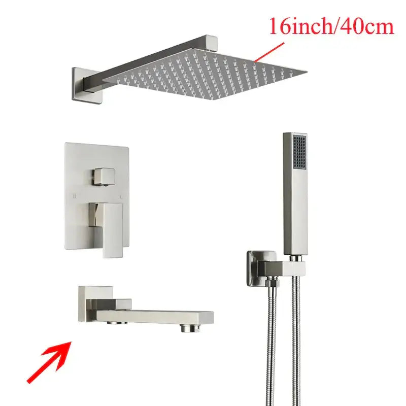 Modern black wall mounted shower system featuring a 16-inch brushed nickel rainfall showerhead with grid pattern decorbites black wall mounted