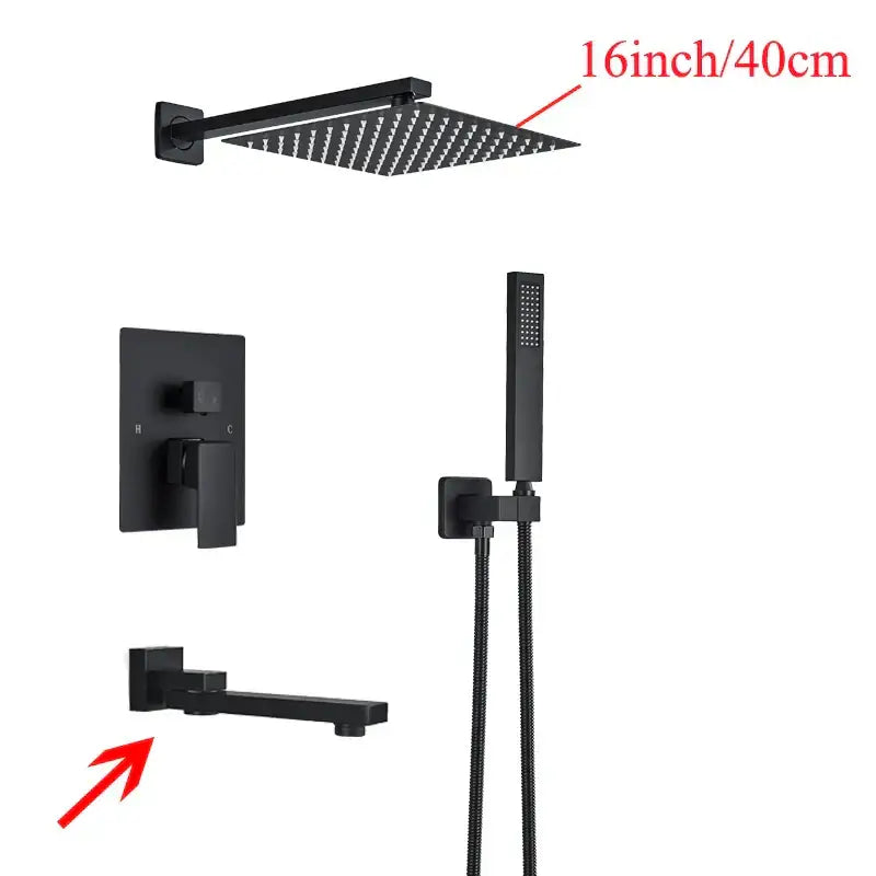 Modern black wall mounted square showerhead with 16-inch matte finish and grid nozzles for mounted shower decorbites black wall