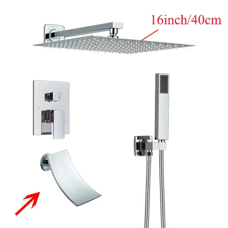 Modern black wall mounted shower system featuring a chrome finished 16 inch square rainfall showerhead with fine nozzles