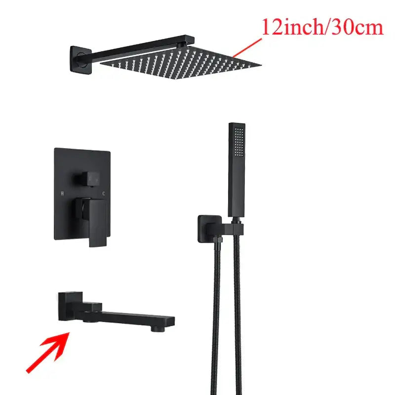Modern black wall mounted shower system with 30cm black matte finish square showerhead and matching faucet set