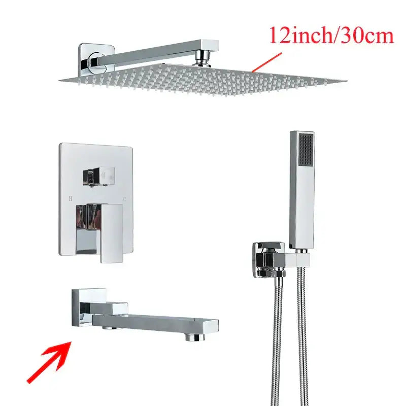 Chrome-finished 12-inch square rainfall showerhead with fine spray nozzles in modern black wall mounted shower system decorbites black wall