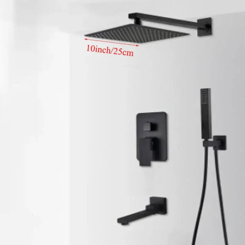 Modern black wall mounted shower system with black matte finish 10 inch square rain showerhead by decorbites