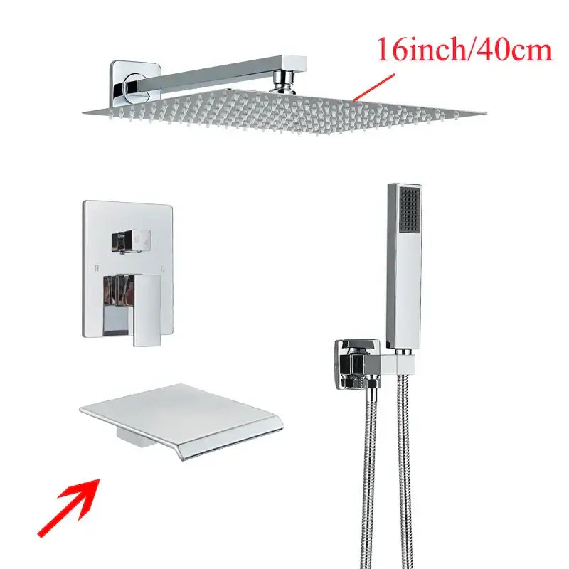 Chrome finished 16 inch square rainfall showerhead with fine spray nozzles for decorbites black wall mounted shower system