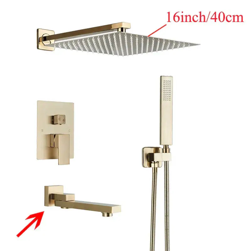 Gold-toned rectangular showerhead with multiple nozzles in modern black wall mounted shower system by decorbites