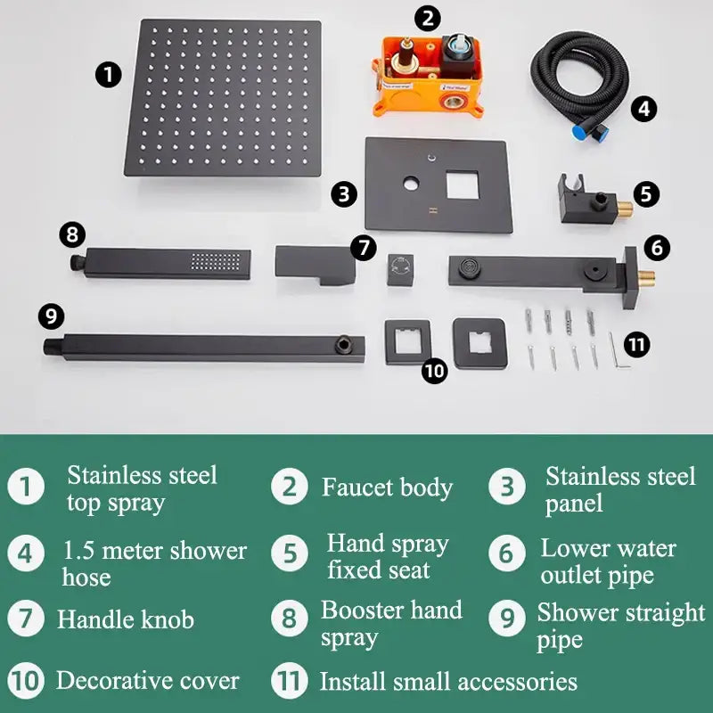 Modern black wall mounted shower system featuring a black matte stainless steel top spray with evenly spaced nozzles