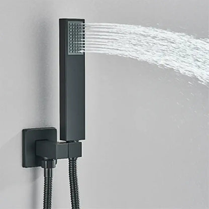 Modern black wall mounted shower system with black matte finish rectangular showerhead emitting rainwater jets