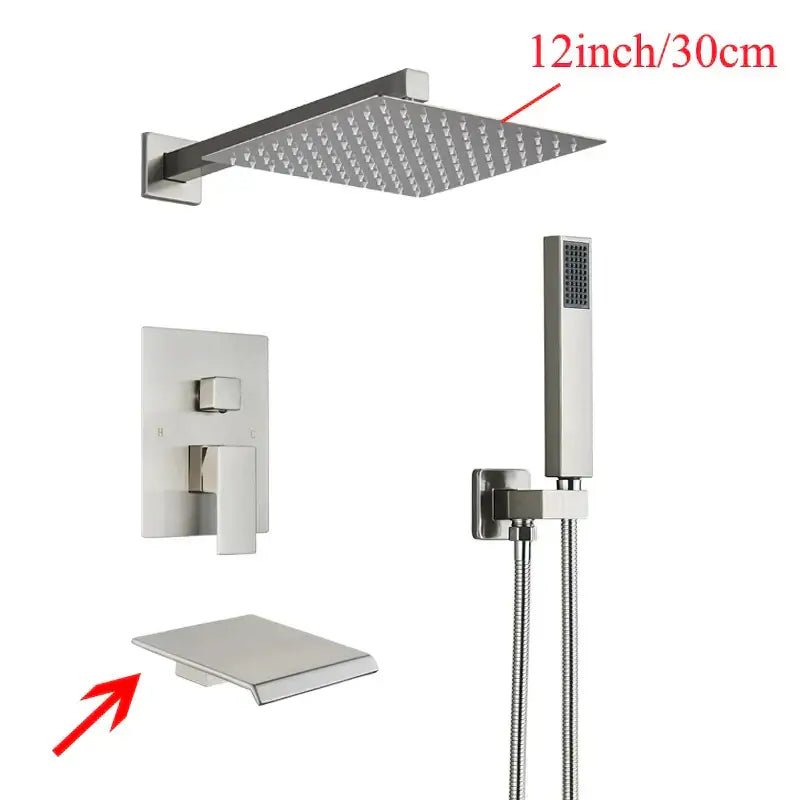 Modern black wall mounted shower system with brushed nickel 12-inch square rainfall showerhead and handheld shower