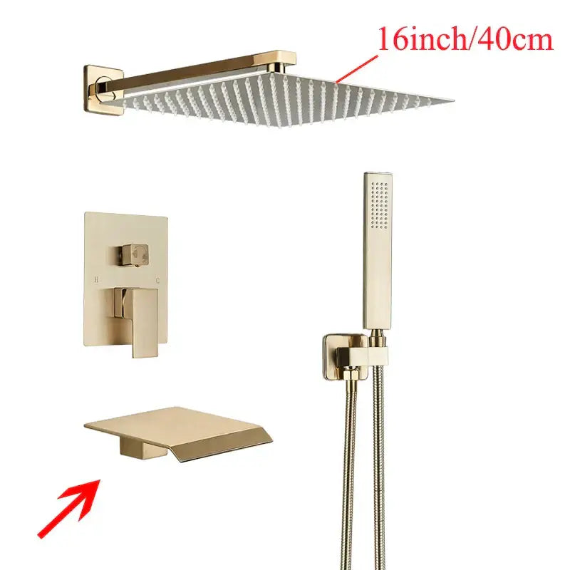 Gold-toned square showerhead with modern design 16 inch for decorbites black wall mounted shower system bathroom fixture