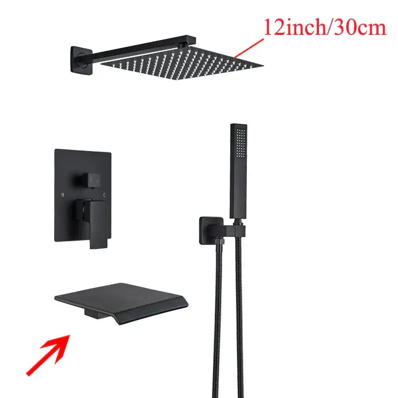Black matte-finish square rain shower head 30cm with integrated wall mount in decorbites black wall mounted shower system