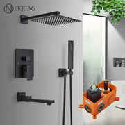 Modern black wall mounted shower system with black square showerhead and matching faucet fixtures for mounted shower decorbites black wall
