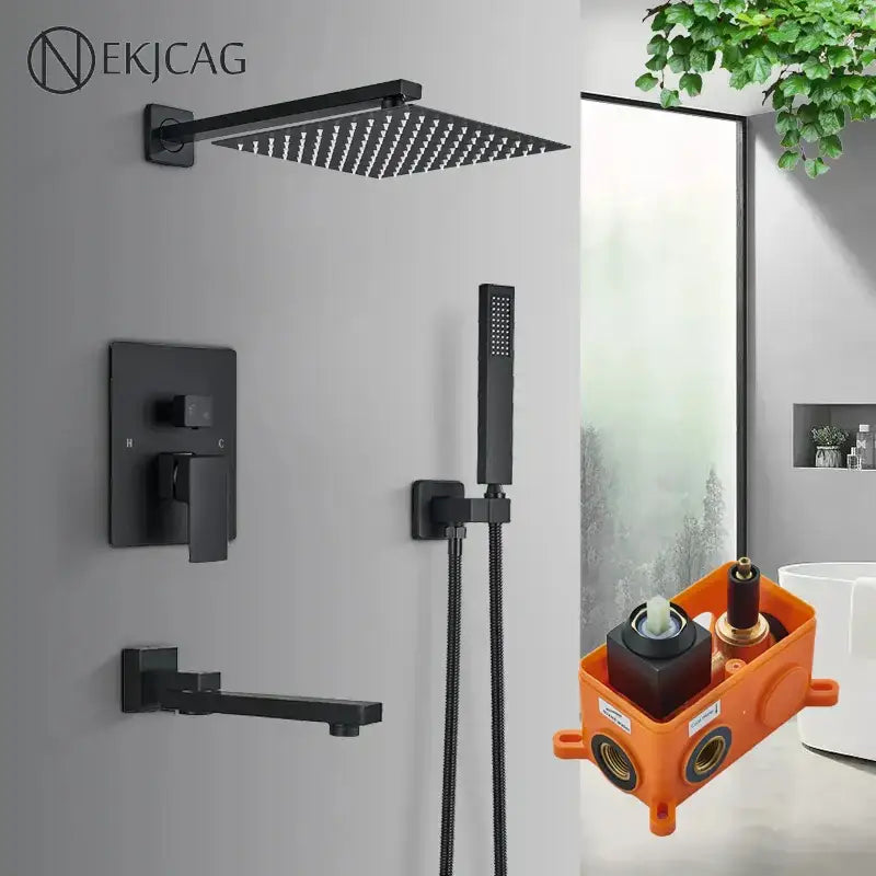 Modern black wall mounted shower system with black square showerhead and matching faucet fixtures for mounted shower decorbites black wall