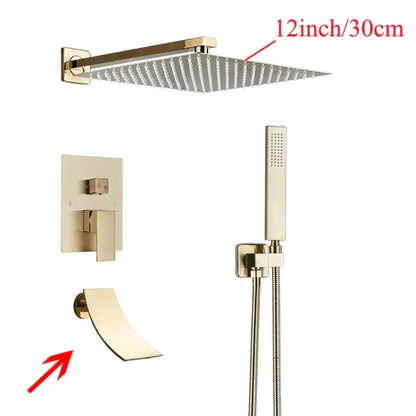 Gold-toned 12-inch square rain showerhead with a sleek modern design for decorbites black wall mounted shower system