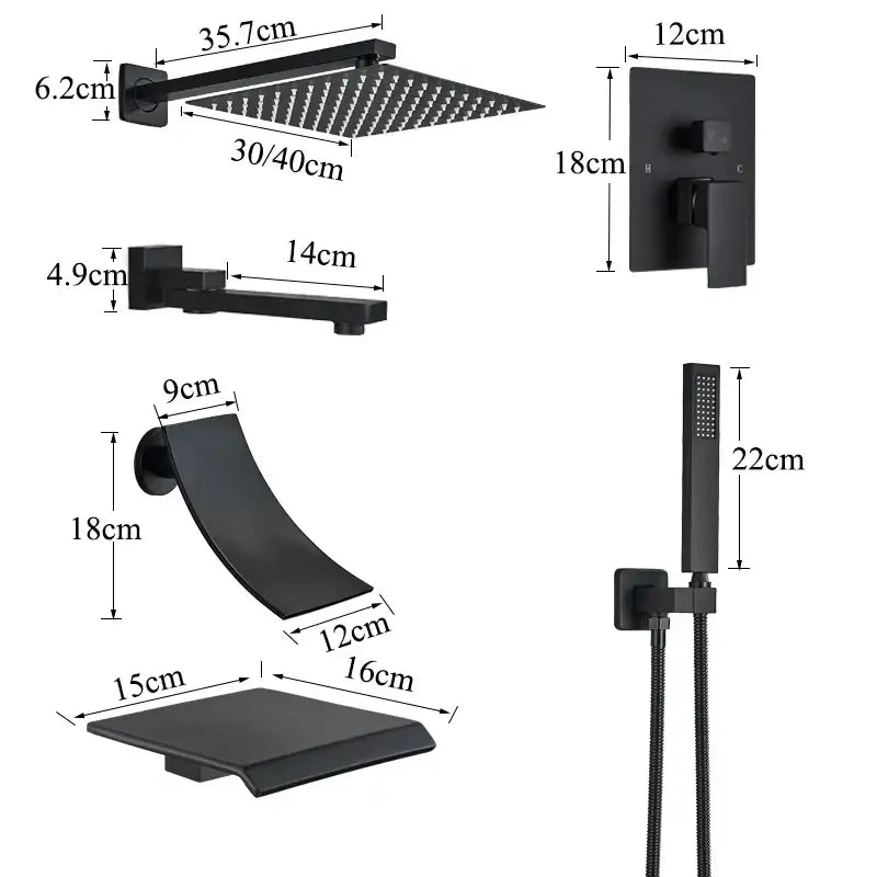 Modern black wall mounted shower system with matte finish square rainhead handheld spray and curved waterfall spout