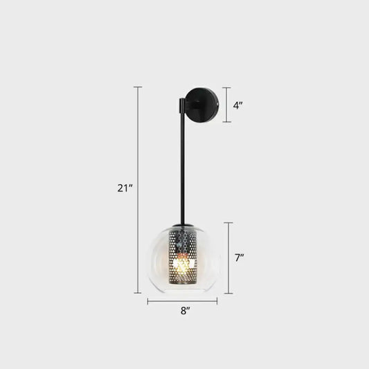 Modern black metal wall sconce with clear glass globe and perforated wire mesh shade for stairway lighting