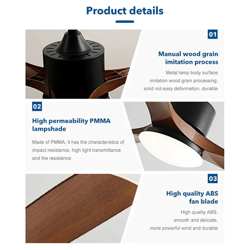 Modern black walnut ceiling fan with led light remote control features wood grain metal body white pmma lampshade abs blades