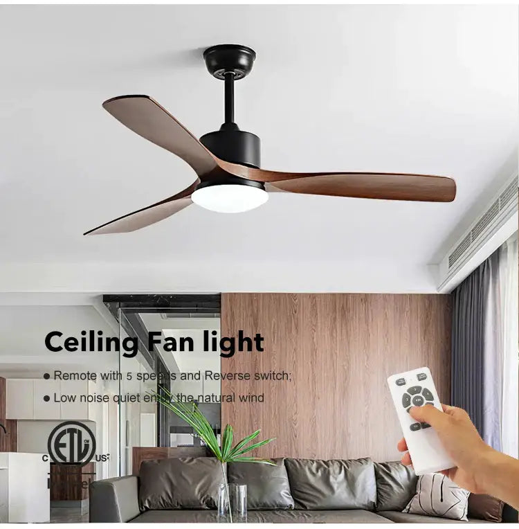 Modern black walnut ceiling fan with wooden blades led light and remote control for bedroom use