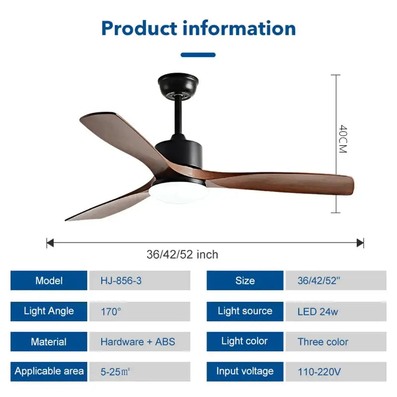 Modern black walnut ceiling fan with three blades led light and remote control for bedroom use