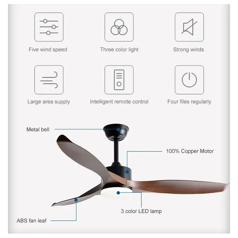 Modern black walnut grain ceiling fan with led light features sleek dual-toned blades and a 100 percent copper motor