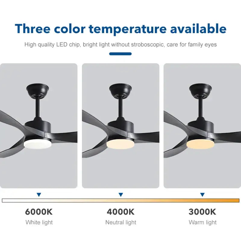 Modern black walnut grain ceiling fan with sleek blades and built-in led light offering three color temperature options