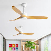 Modern black walnut grain ceiling fan with three light wood blades and led light in white central housing for bedroom use