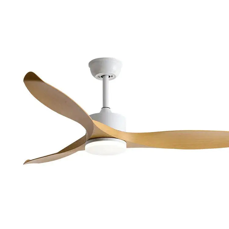 Modern black walnut grain ceiling fan with three light-colored wooden blades and led light for bedroom use