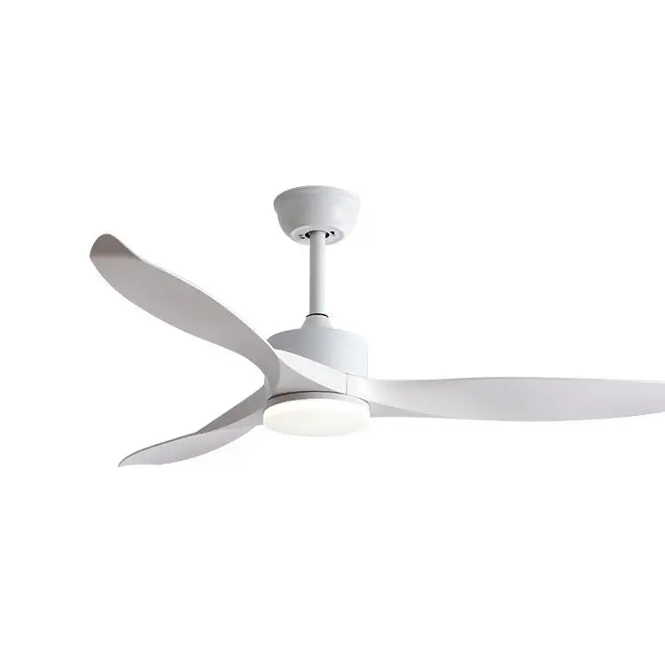 White ceiling fan with sleek modern blades and integrated led light complementing black walnut grain design