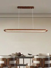 A modern black walnut wooden dining room led pendant lamp with a warm wood finish and diffused glass panel ceiling chandelier