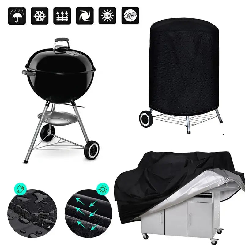 Modern black waterproof bbq grill cover with reinforced seams and reflective lining for outdoor kitchen protection