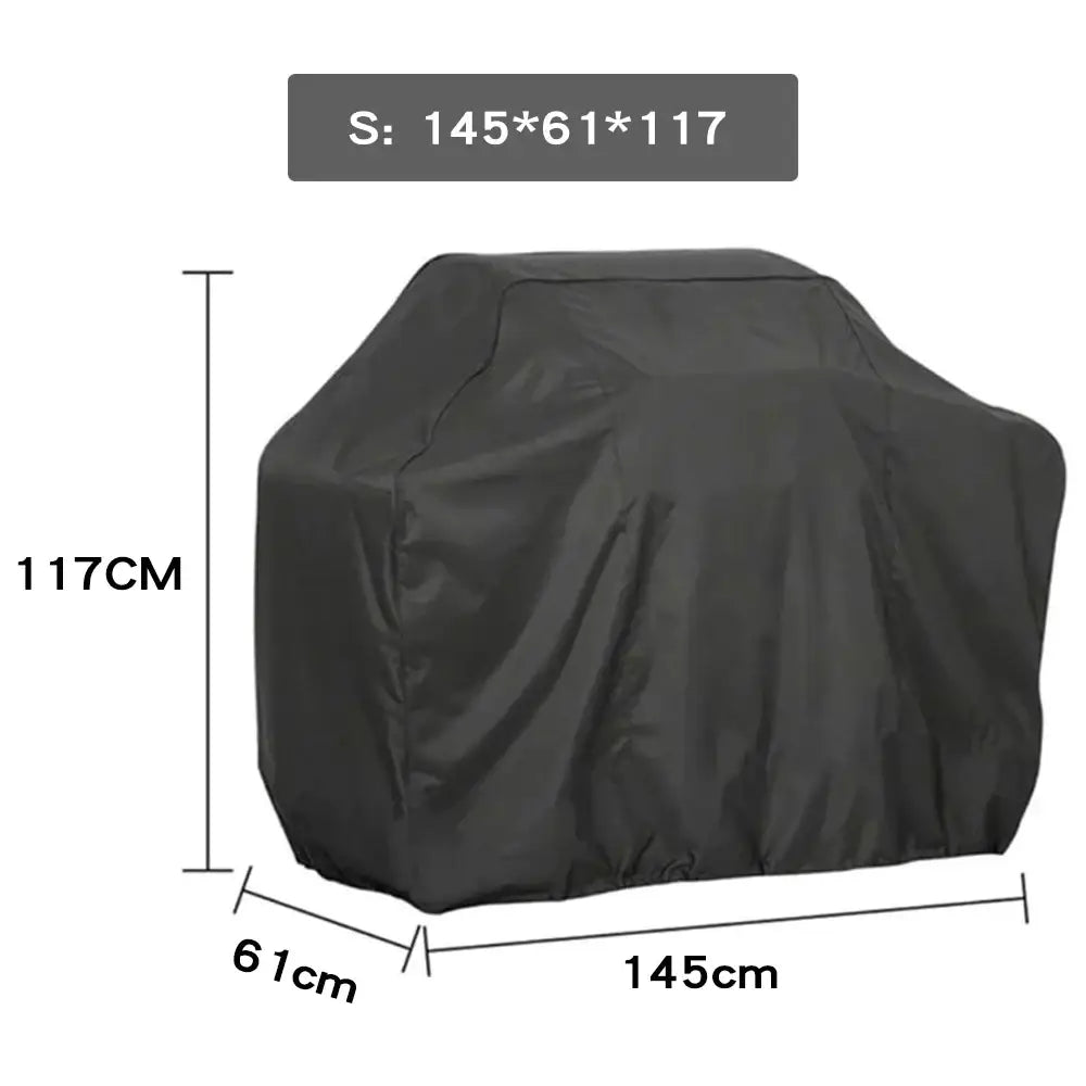 Modern black waterproof bbq grill cover measuring 145x61x117 cm designed to protect outdoor kitchen grills