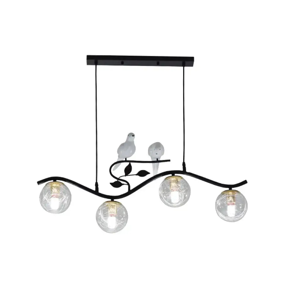 Black wrought iron hanging lamp with two white bird figurines, four clear glass globe bulbs, bulb included, smoke gray clear shade
