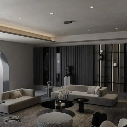 Modern minimalist living room with a sleek light gray sectional sofa illuminated by a modern black white 36w led surface mounted ceiling light