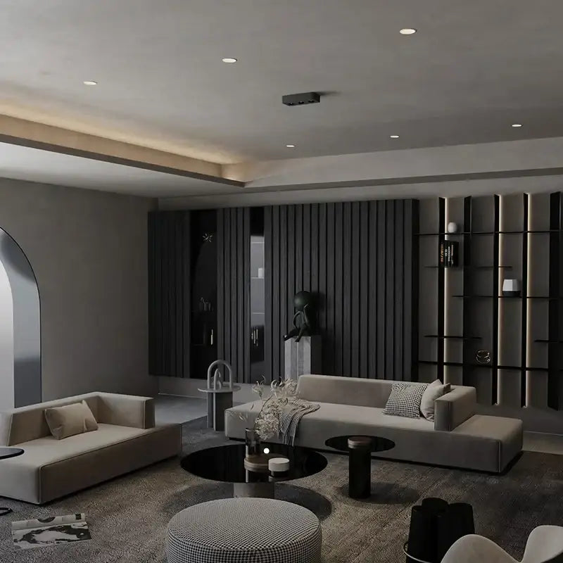 Modern minimalist living room with a sleek light gray sectional sofa illuminated by a modern black white 36w led surface mounted ceiling light